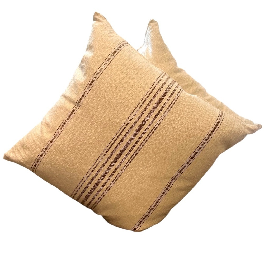 Pair Handwoven Neutral blush,‎ tribal ethnic striped square feathers pillows